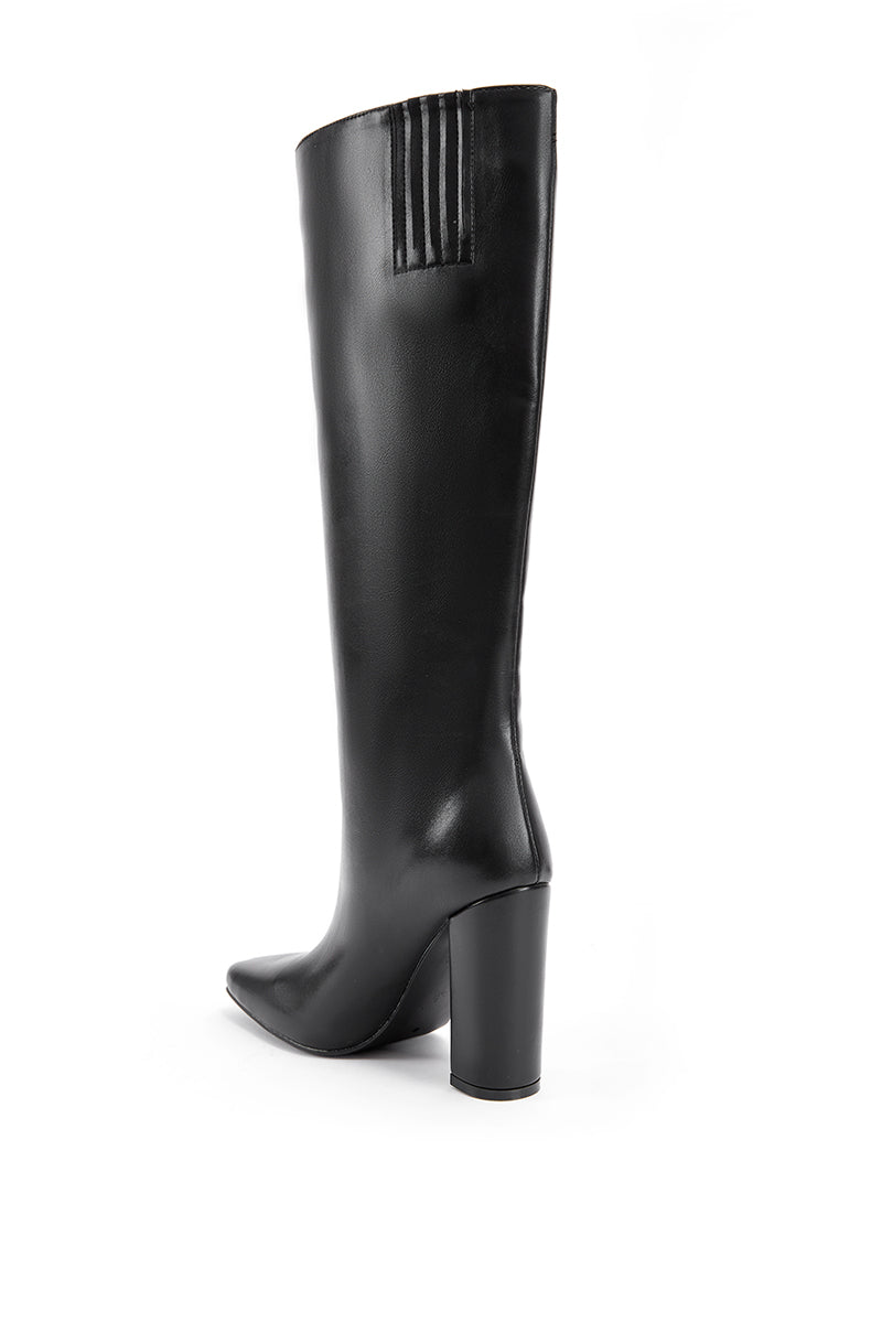 back view of black mid calf length faux leather boots with a square toe and a block heel