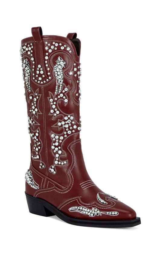red faux leather mid calf length western boots with a mini block heel, and a rhinestone embellished western boot design all over the boot.