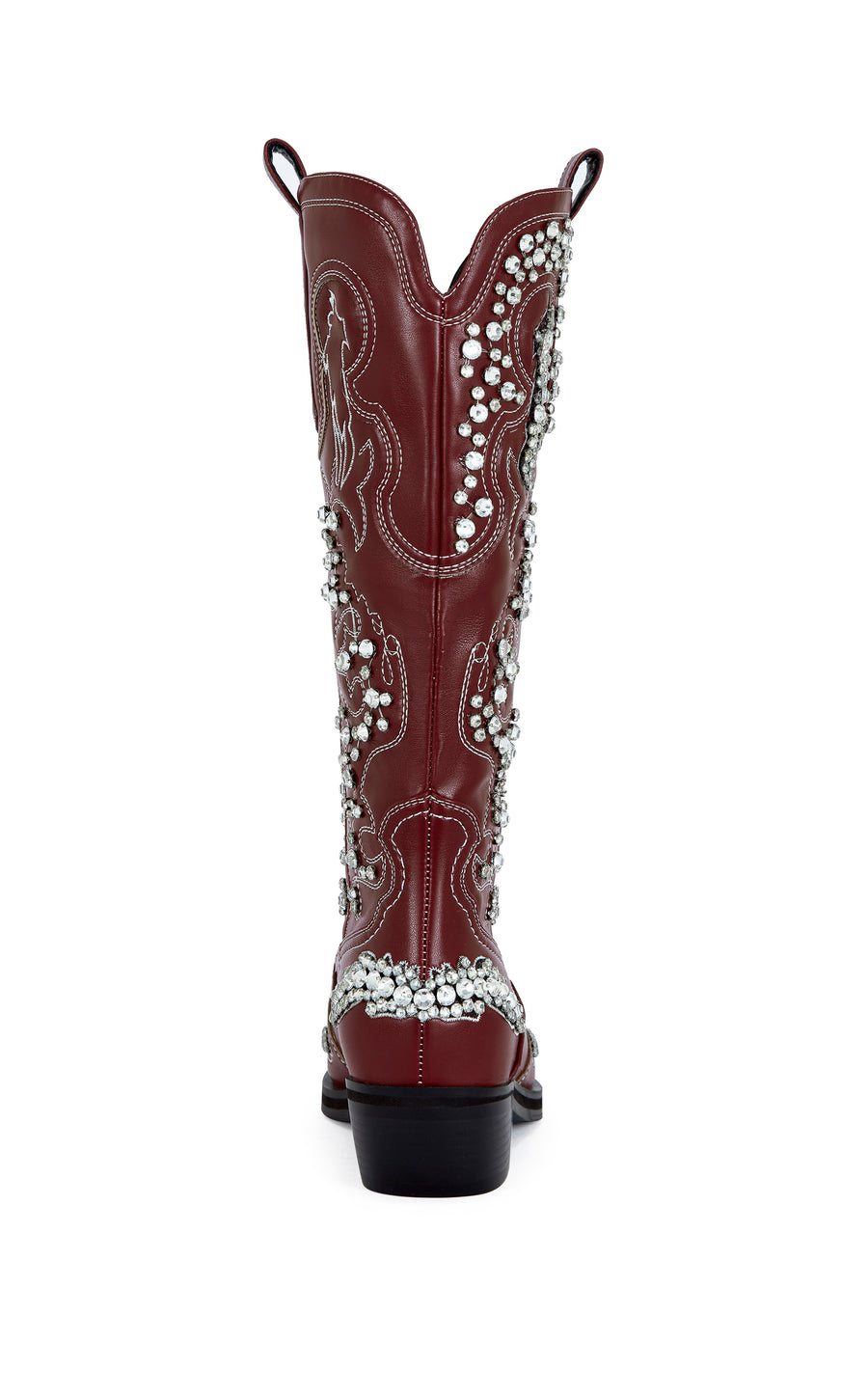 red faux leather mid calf length western boots with a mini block heel, and a rhinestone embellished western boot design all over the boot.