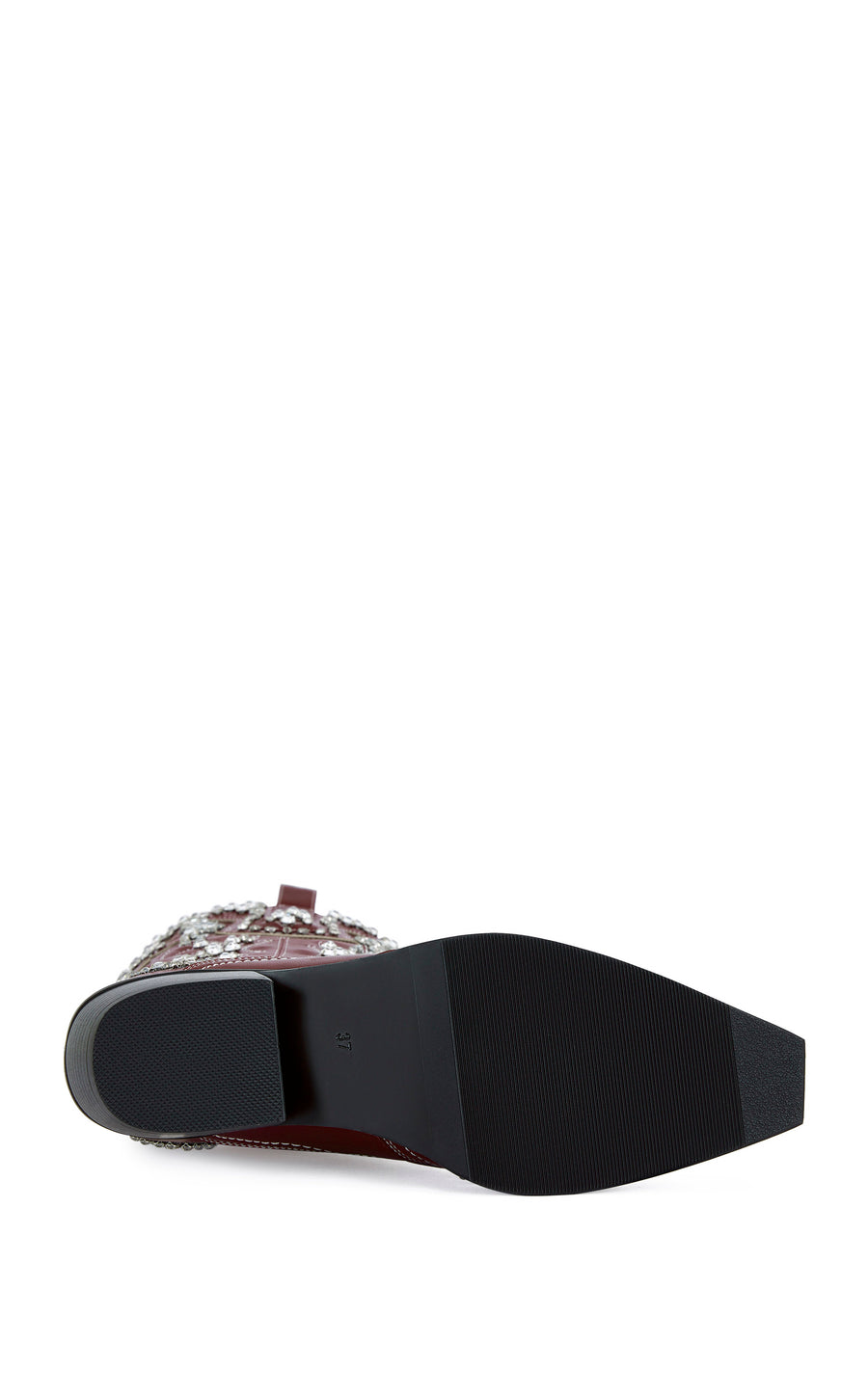 red faux leather mid calf length western boots with a mini block heel, and a rhinestone embellished western boot design all over the boot.