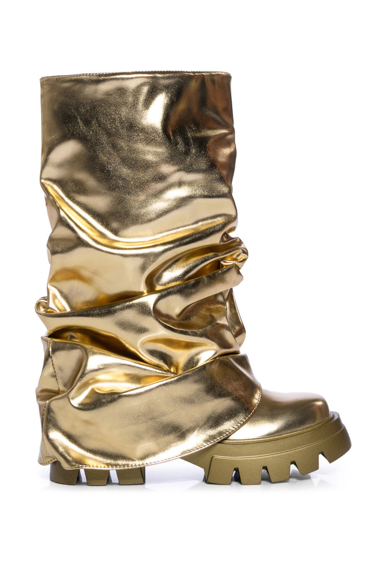 platform gold chunky boots with scrunched metallic gold fold over accent