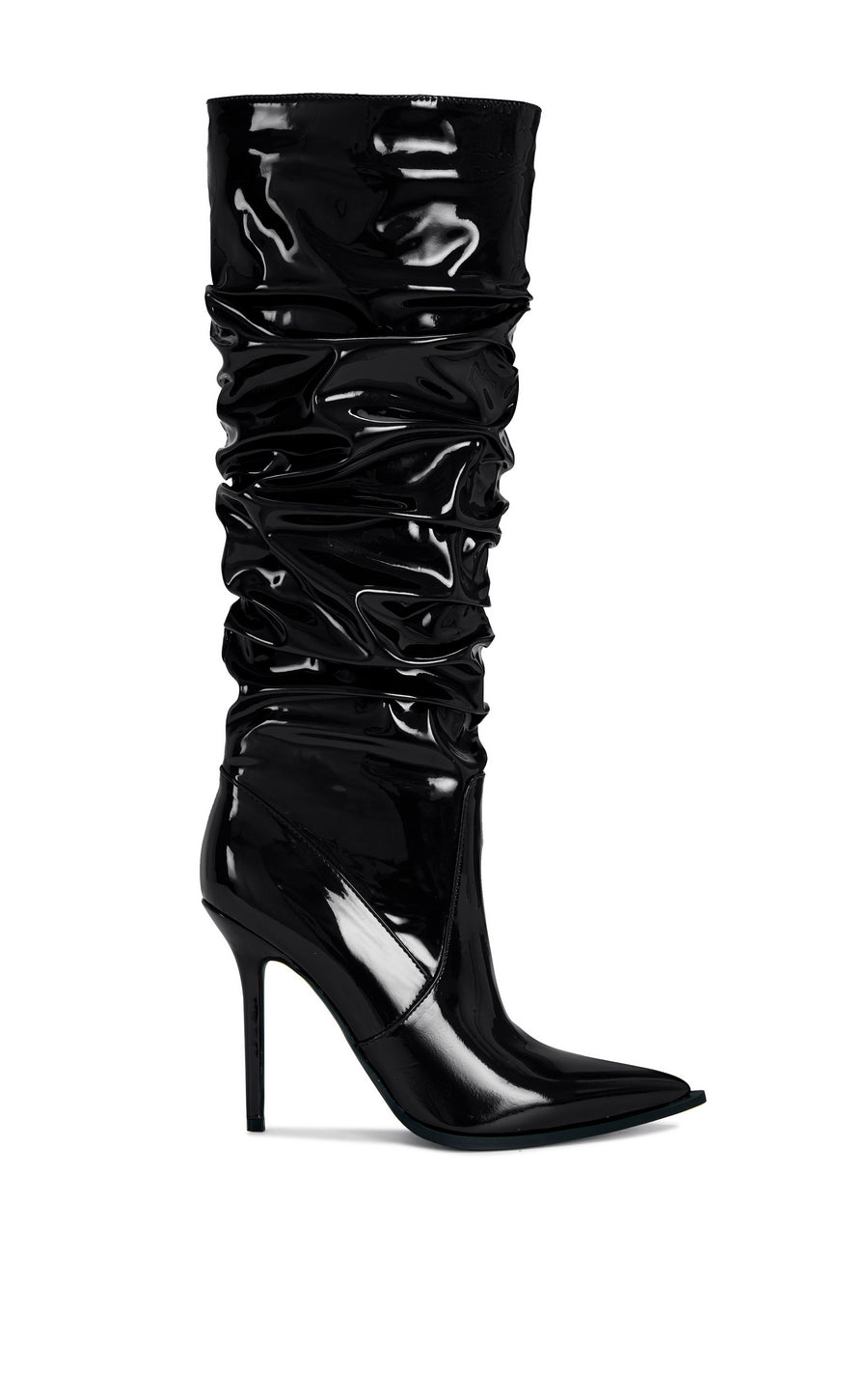 black faux patent leather pointed toe stiletto knee high boots with a scrunched shaft