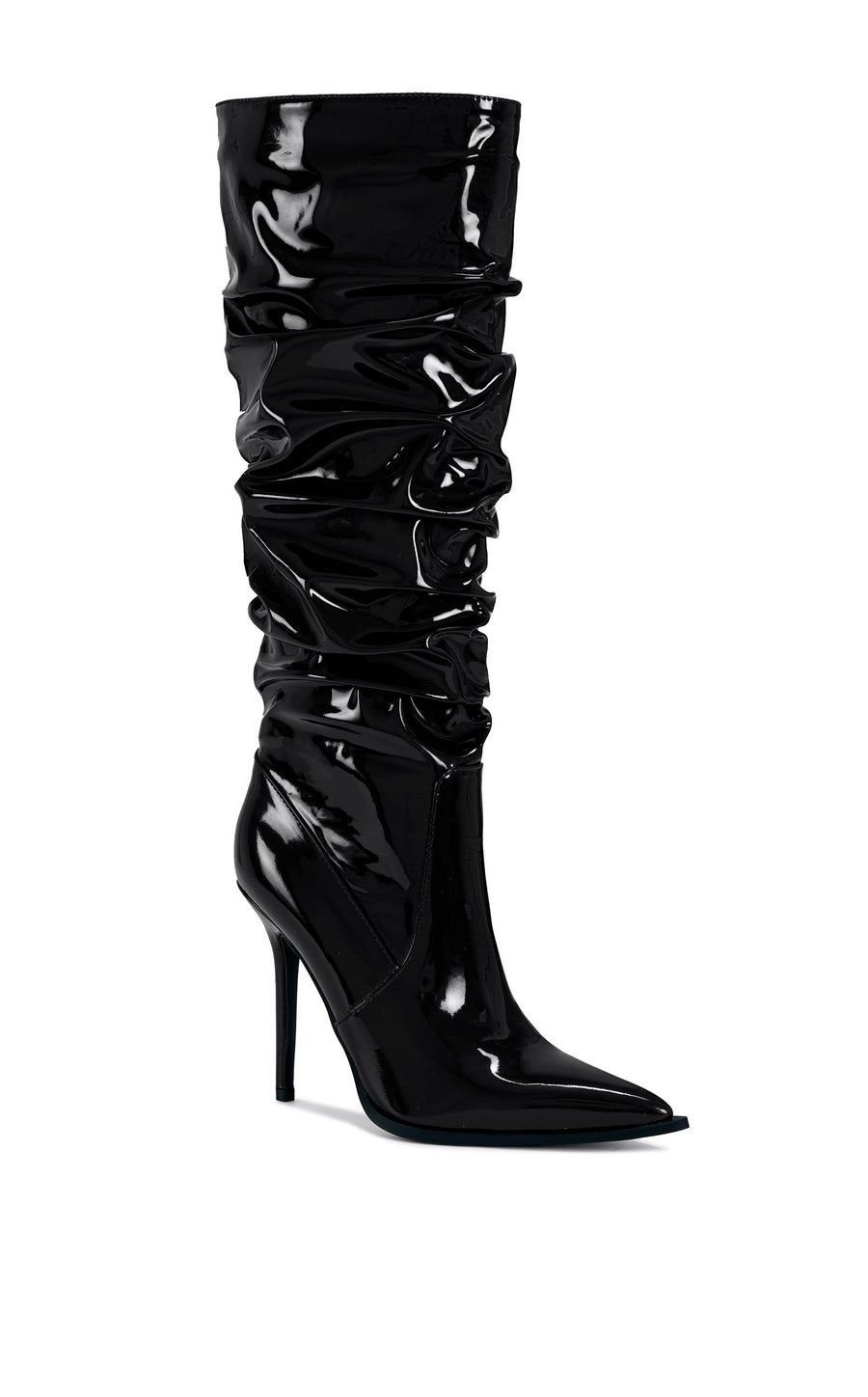 black faux patent leather pointed toe stiletto knee high boots with a scrunched shaft