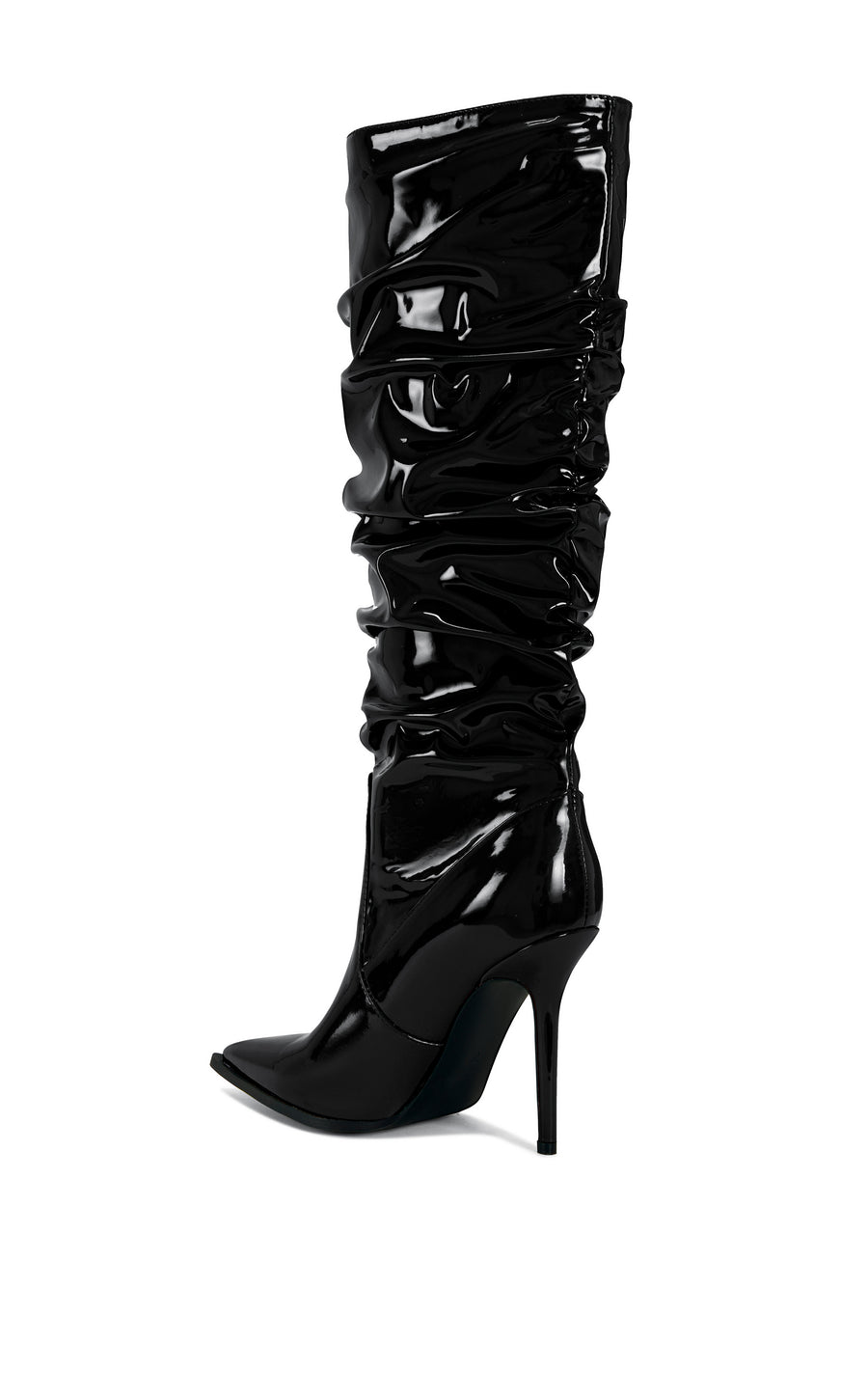 black faux patent leather pointed toe stiletto knee high boots with a scrunched shaft