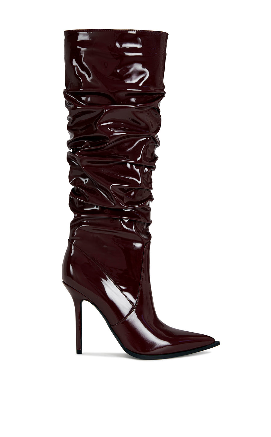 wine red faux patent leather pointed toe stiletto knee high boots with a scrunched shaft