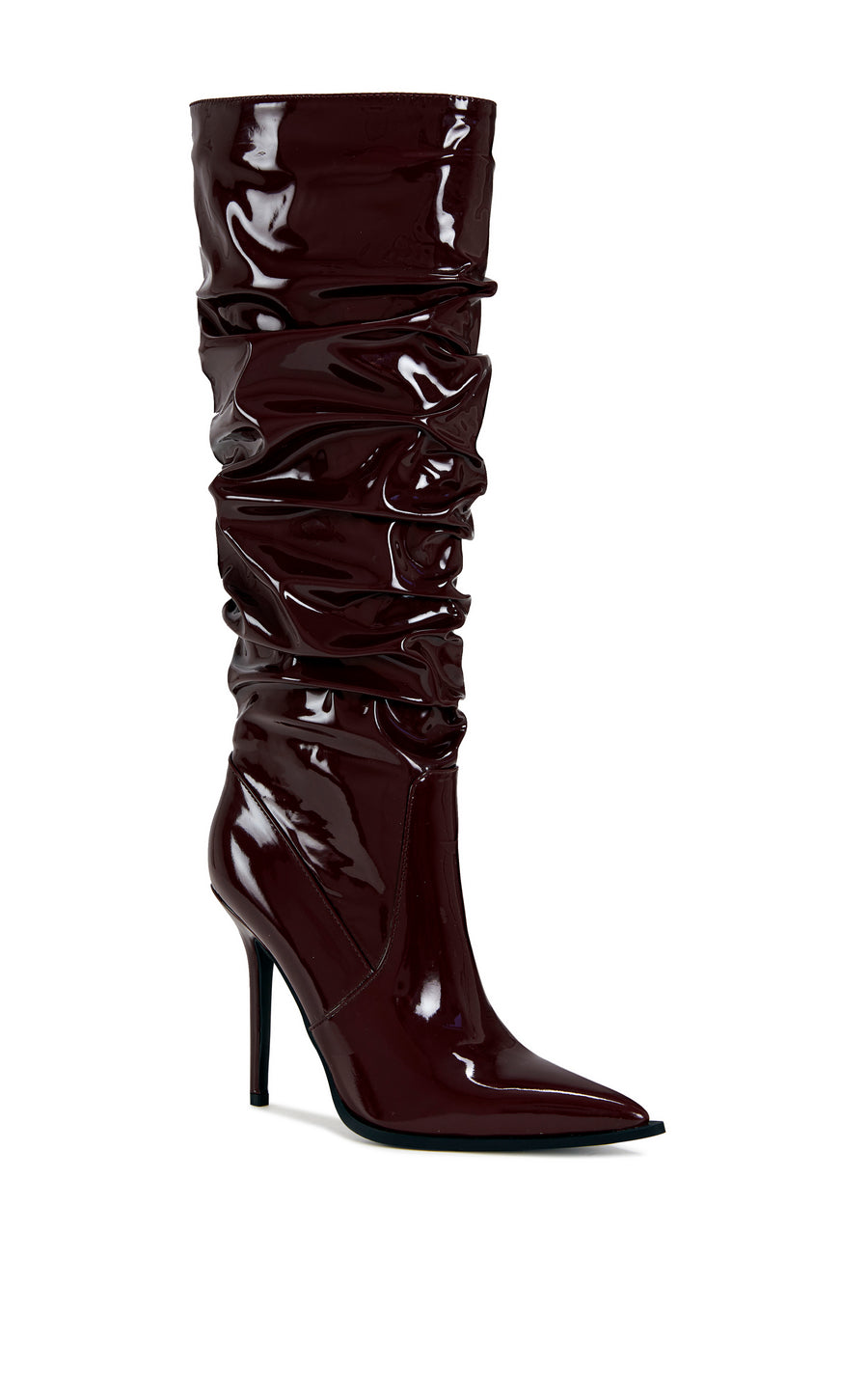 wine red faux patent leather pointed toe stiletto knee high boots with a scrunched shaft