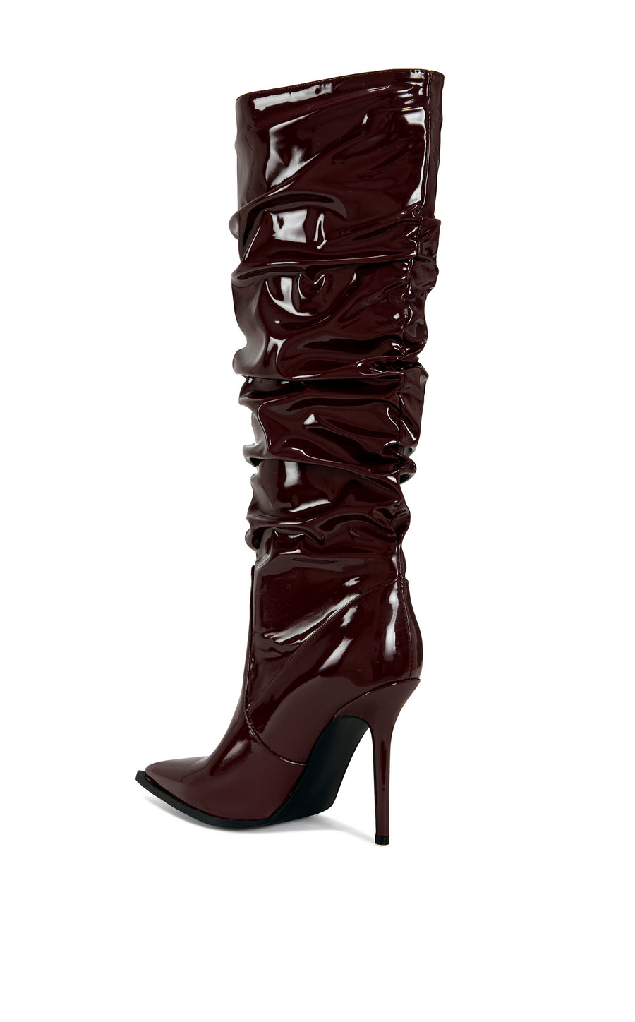 wine red faux patent leather pointed toe stiletto knee high boots with a scrunched shaft