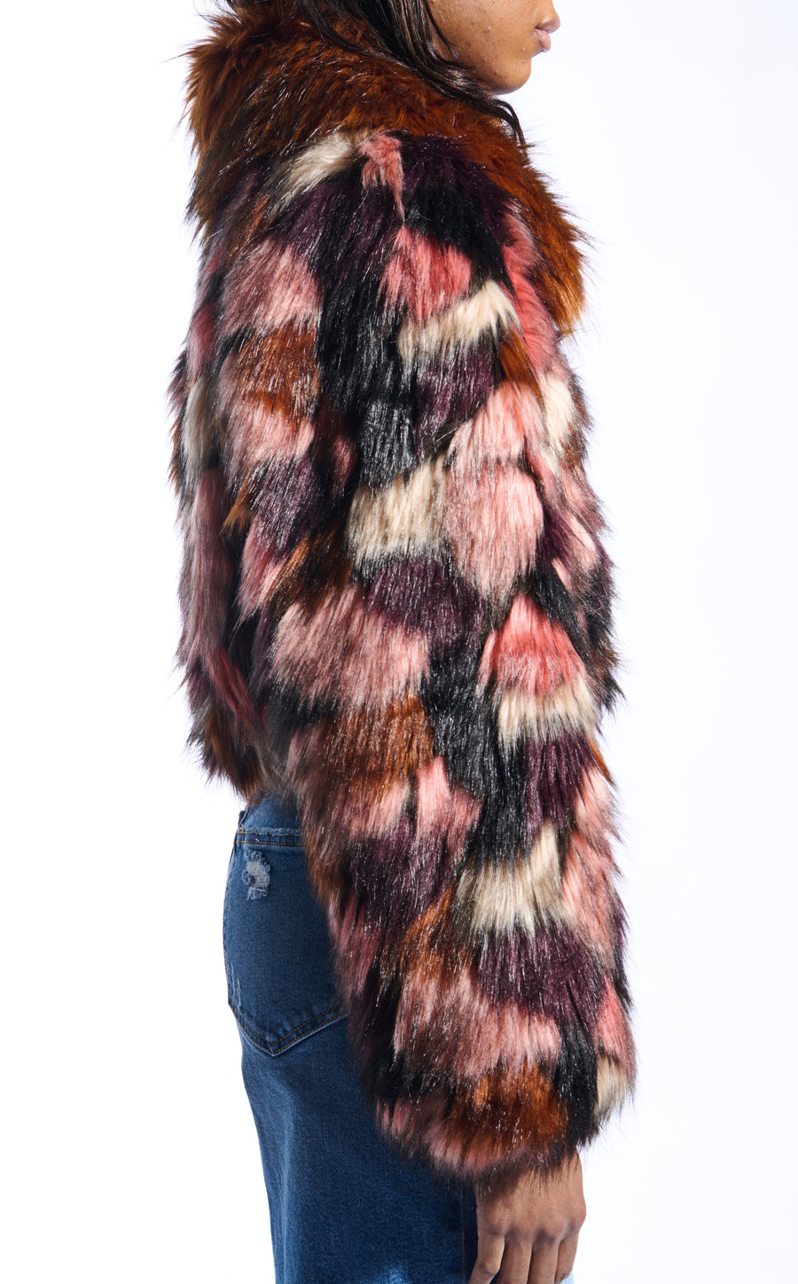 colorful pink and purple toned statement faux fur coat with a burnt orange collar and a cropped silhouette