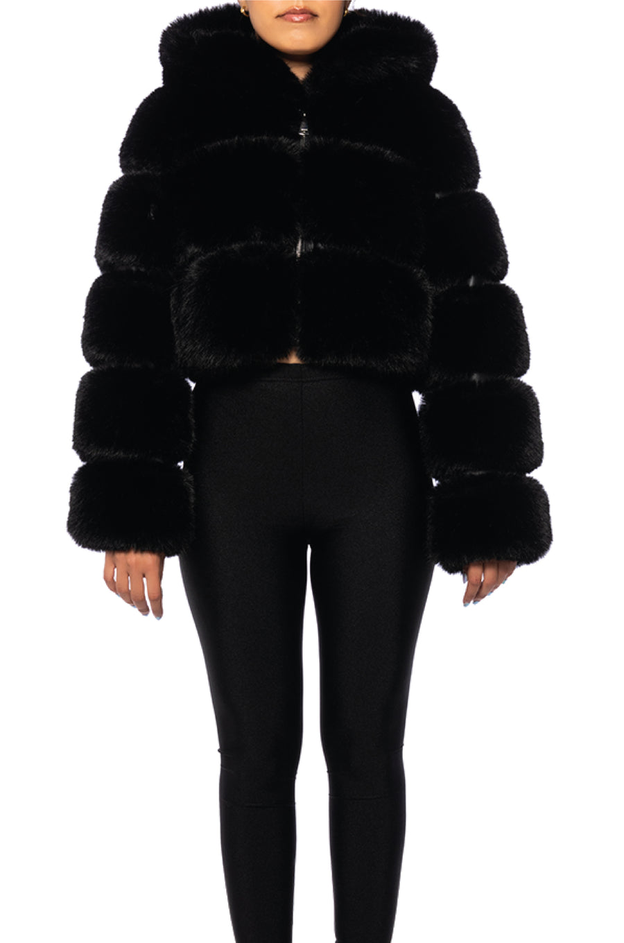 front view of black zip up faux fur jacket with hood