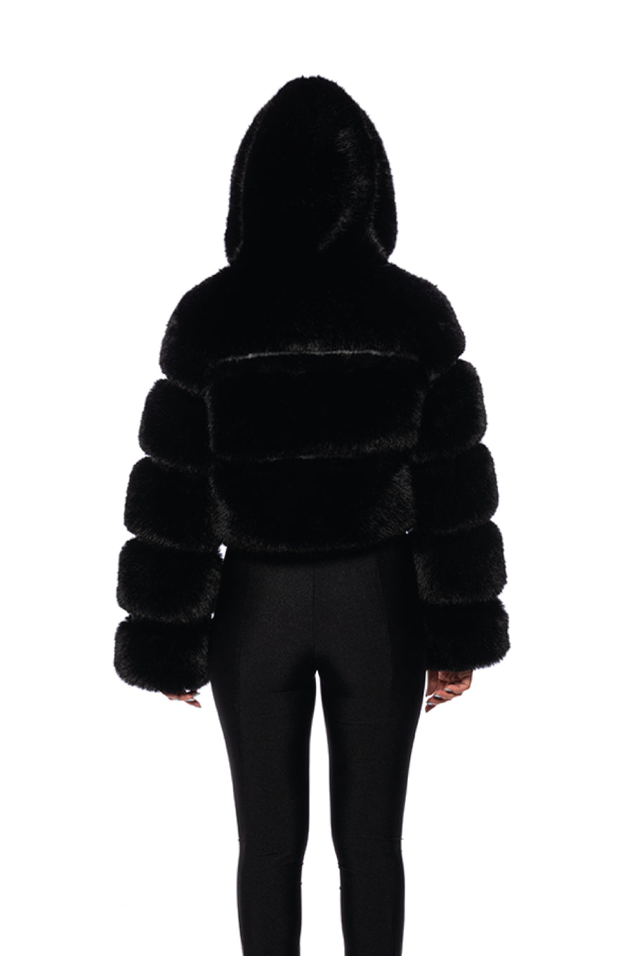 back view of black zip up faux fur jacket with hood