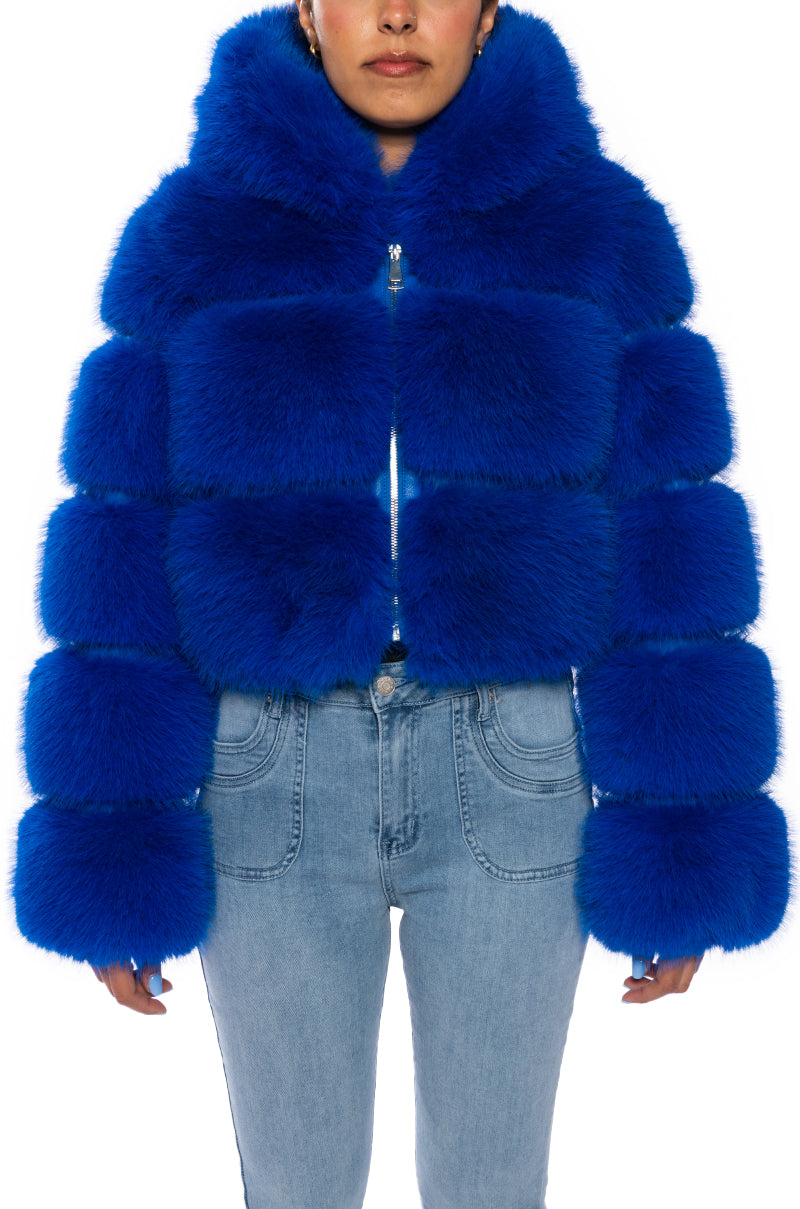 royal blue zip up faux fur jacket with hood