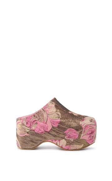 Metallic gold and pink platform slip on clog