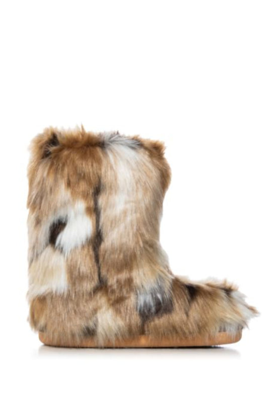 multicolored brown faux fur chunky flat ankle length bootie with an 