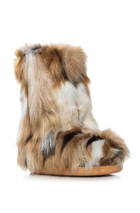 multicolored brown faux fur chunky flat ankle length bootie with an 