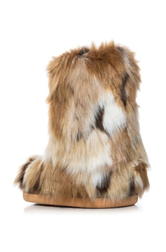 multicolored brown faux fur chunky flat ankle length bootie with an 