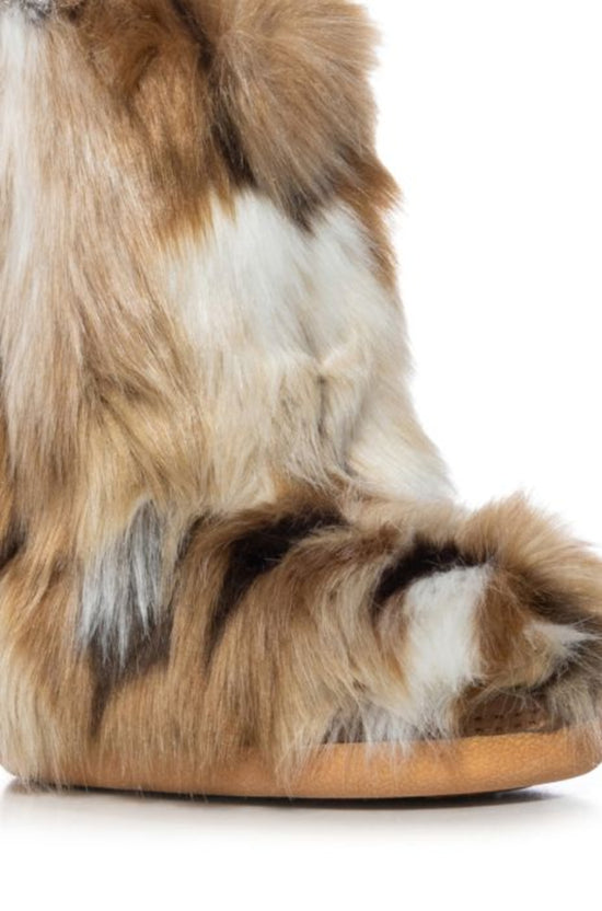 multicolored brown faux fur chunky flat ankle length bootie with an 