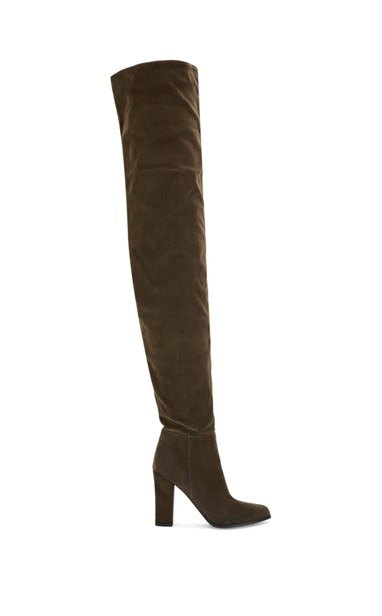 NANETTE-BROWN VELVET DENIM CHUNKY HEELED THIGH HIGH BOOT