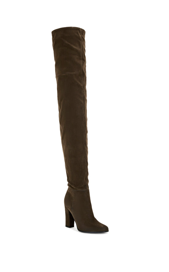 NANETTE-BROWN VELVET DENIM CHUNKY HEELED THIGH HIGH BOOT