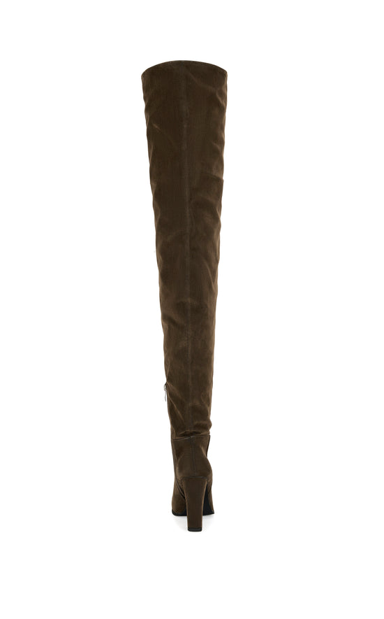 NANETTE-BROWN VELVET DENIM CHUNKY HEELED THIGH HIGH BOOT