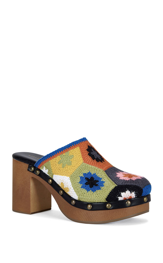 slip on platform statement clog with a block heel and a multicolored floral embroidered pattern on the upper