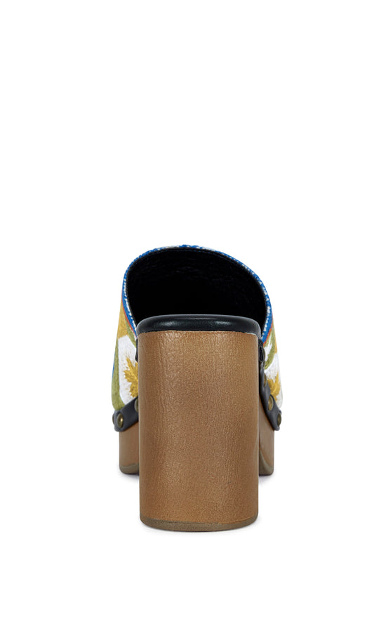 slip on platform statement clog with a block heel and a multicolored floral embroidered pattern on the upper