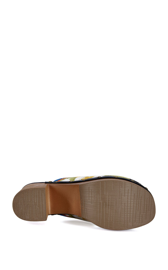 slip on platform statement clog with a block heel and a multicolored floral embroidered pattern on the upper