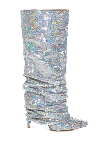 Shiny silver pointed toe stiletto boots with a fold over silhouette and silver sequin fabric