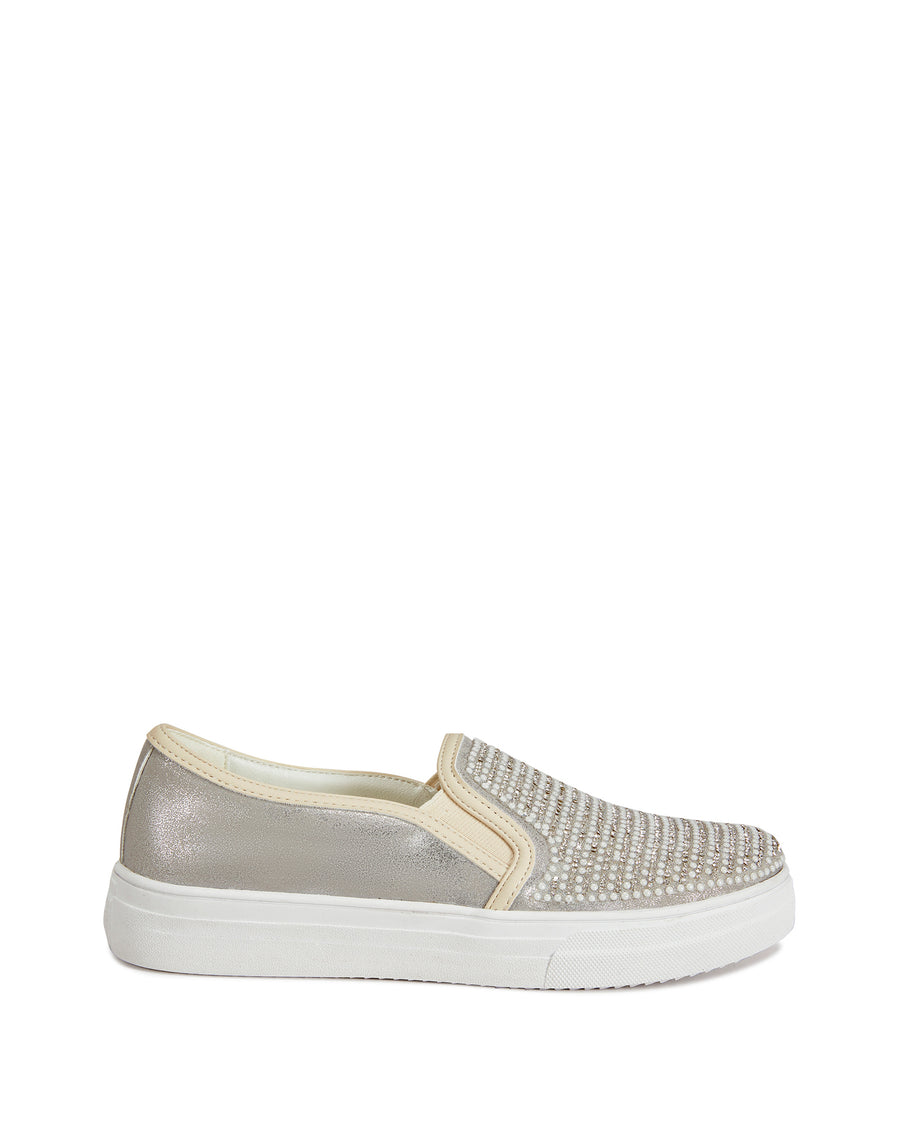 metallic silver slip on sneakers with mini faux pearl embellishments on the upper and a white sole