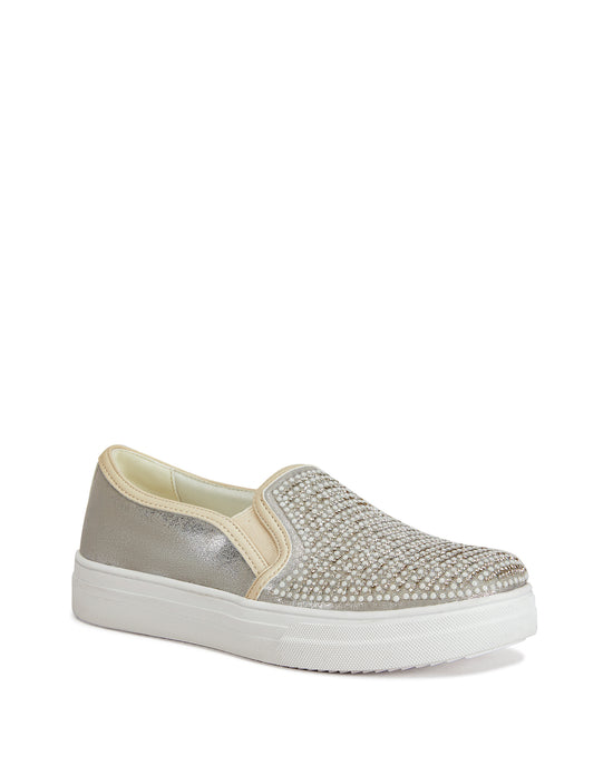 metallic silver slip on sneakers with mini faux pearl embellishments on the upper and a white sole