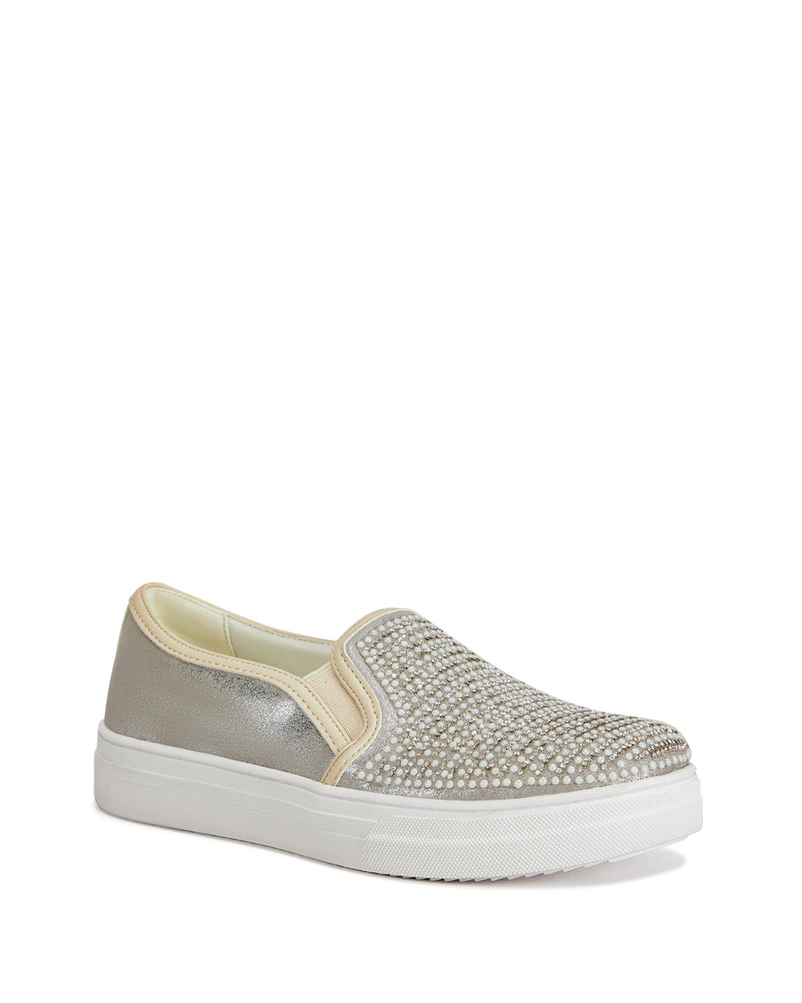 metallic silver slip on sneakers with mini faux pearl embellishments on the upper and a white sole