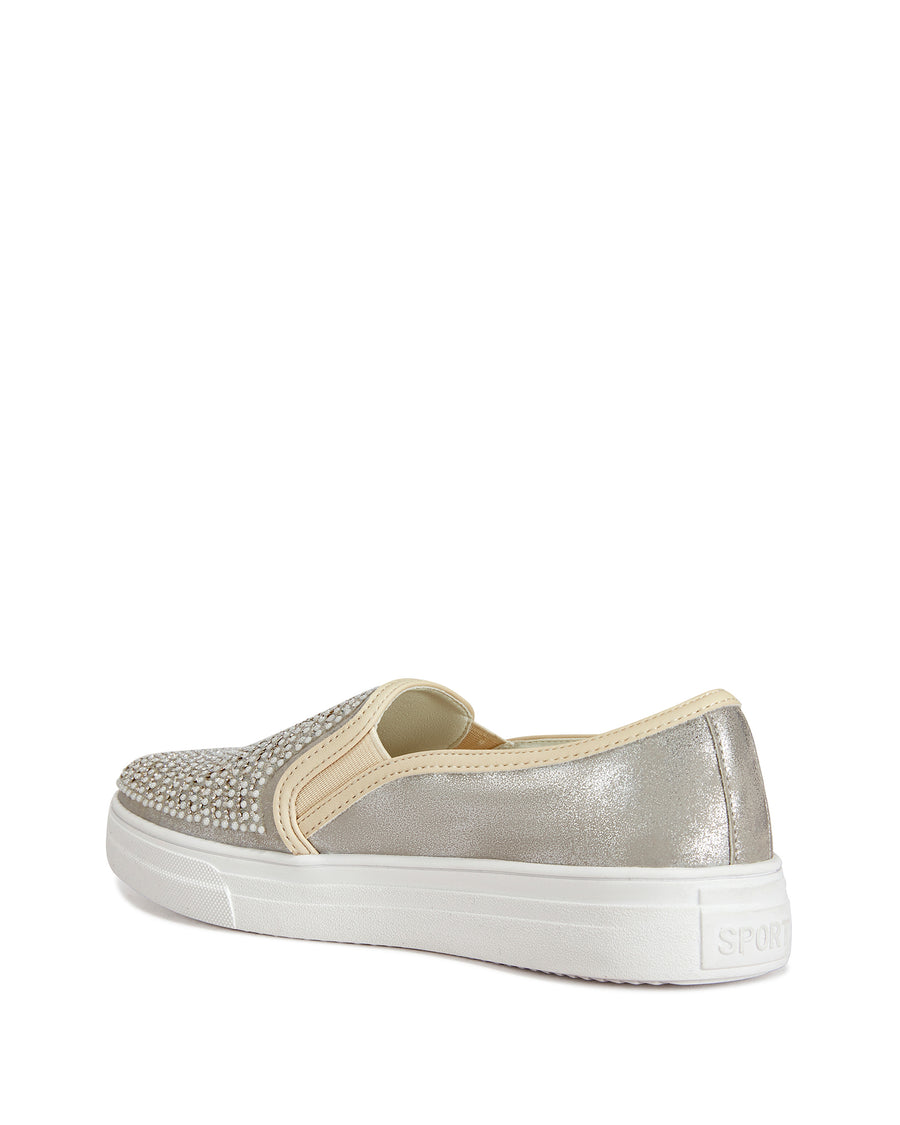 metallic silver slip on sneakers with mini faux pearl embellishments on the upper and a white sole