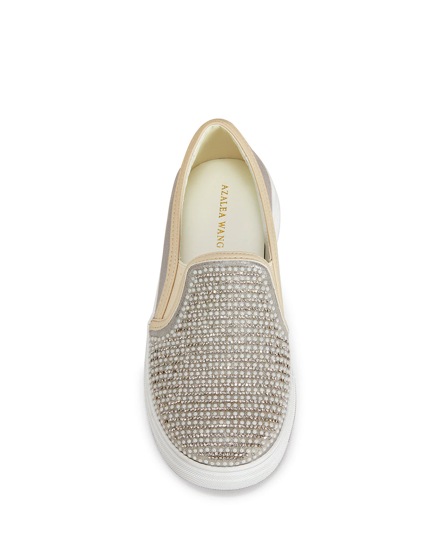 metallic silver slip on sneakers with mini faux pearl embellishments on the upper and a white sole