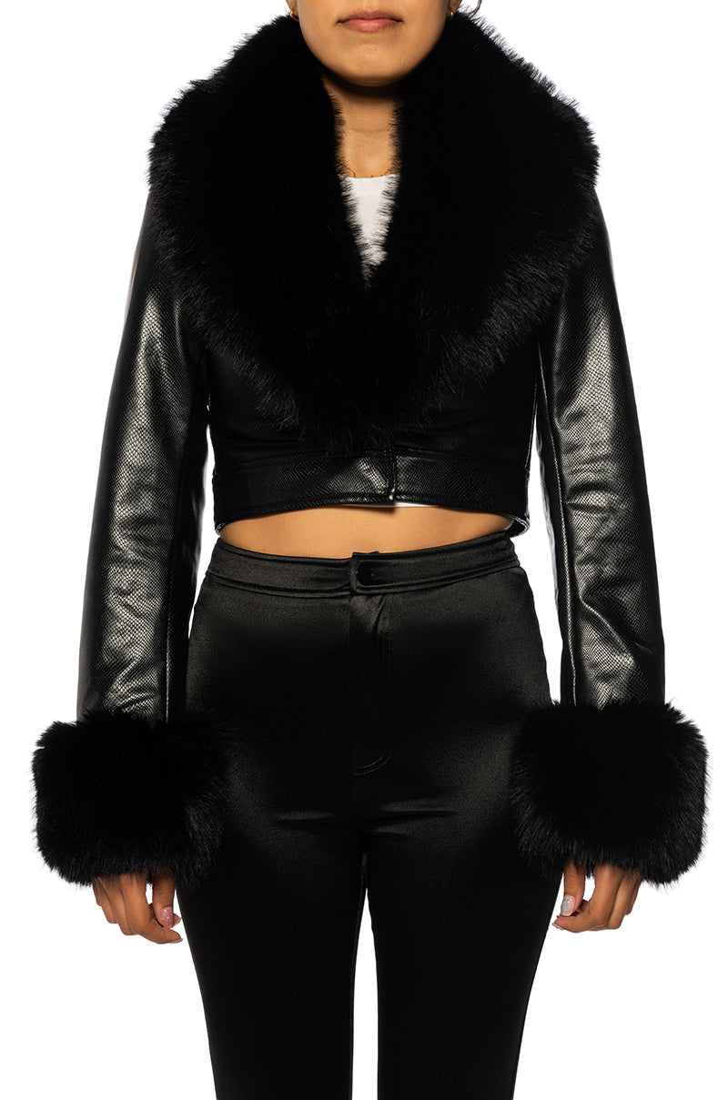Black faux leather cropped jacket with fur lined collar and fur lined cuffs