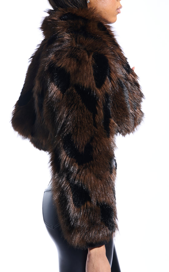 brown and black spotted ultra cropped statement faux fur coat