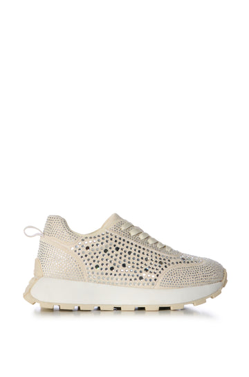 cream statement lace up sneakers sneakers with crystal rhinestones embellished all over the upper and a white sole
