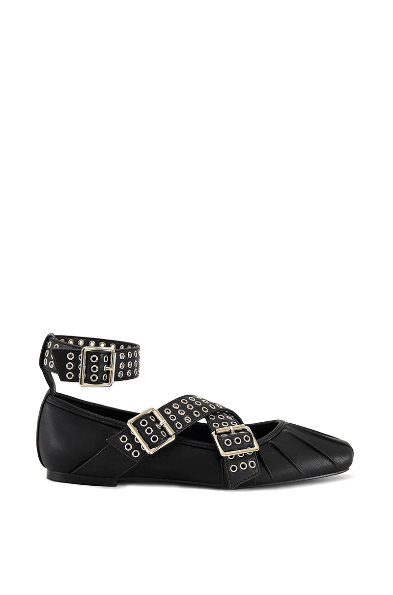 black ballet flats with edgy grommet belt strap accents and a chic ankle strap