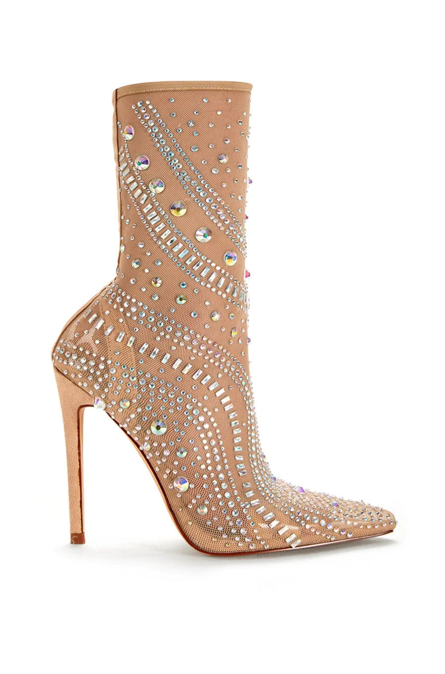 nude stretchy pointed toe stiletto heel boots with rhinestone pattern design