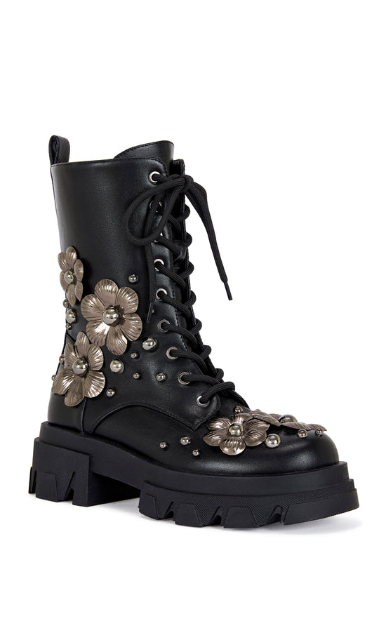 black lace up statement combat booties with 3d flower embellished accents all over the upper and a zip up closure