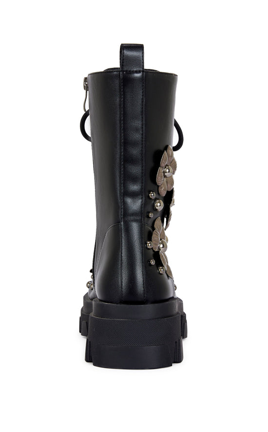 black lace up statement combat booties with 3d flower embellished accents all over the upper and a zip up closure