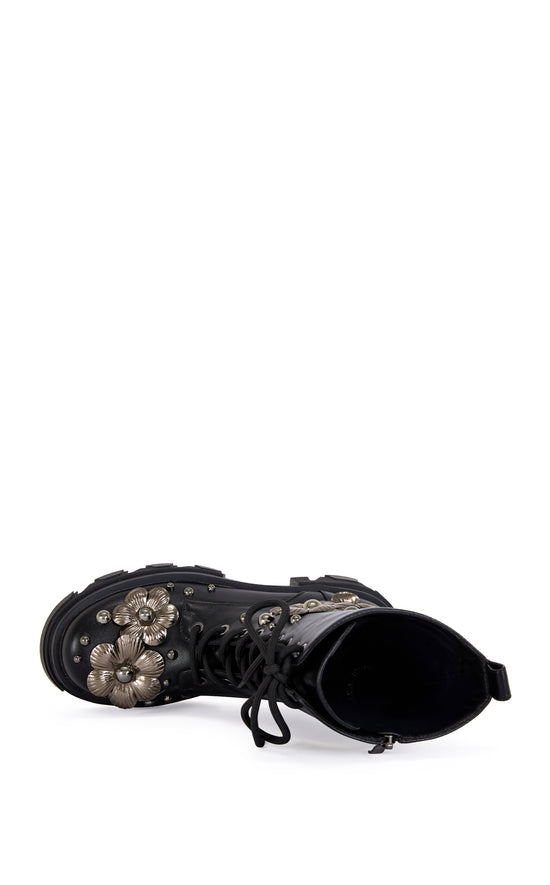 black lace up statement combat booties with 3d flower embellished accents all over the upper and a zip up closure