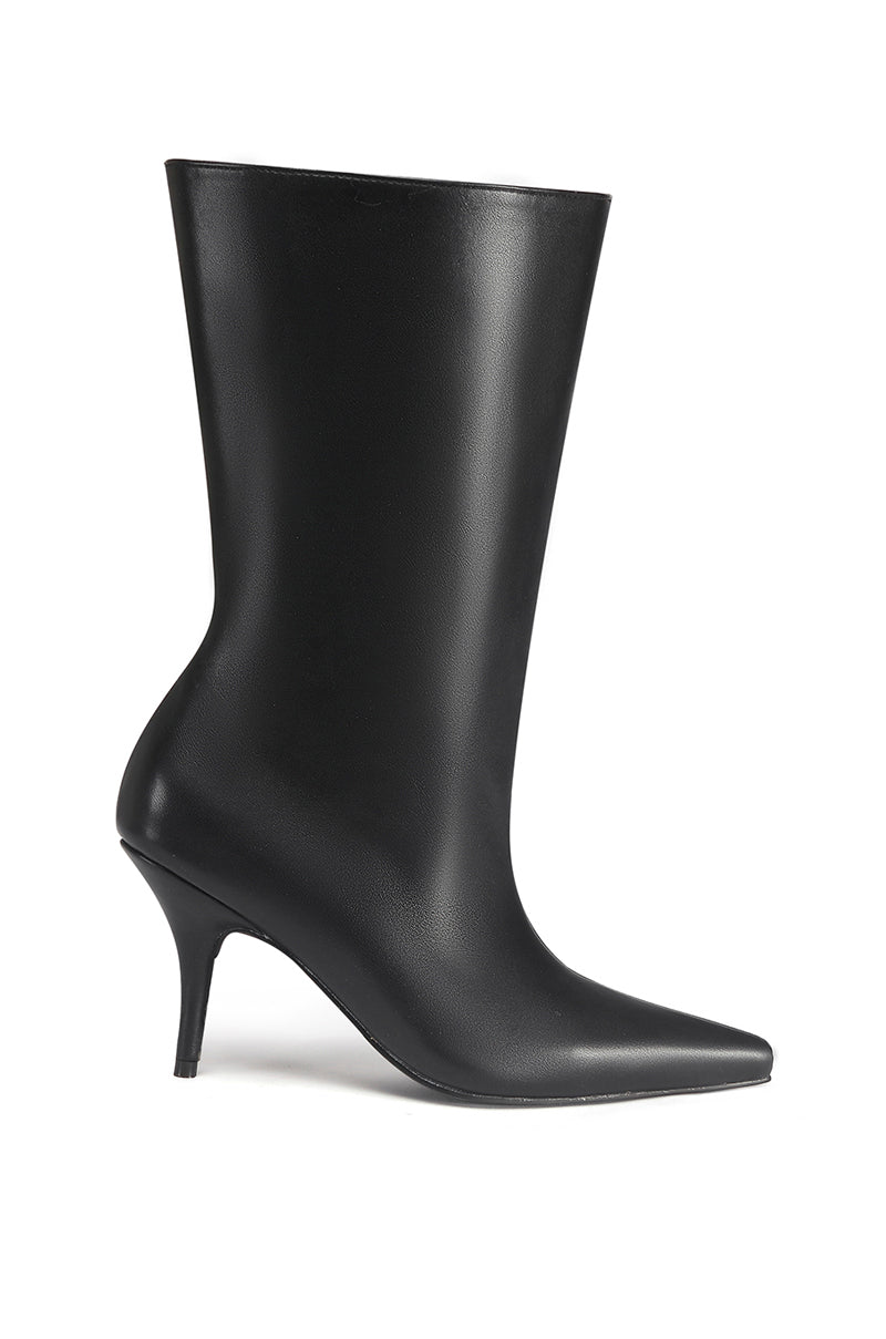 sleek black faux leather pointed toe stiletto boot with a flared opening