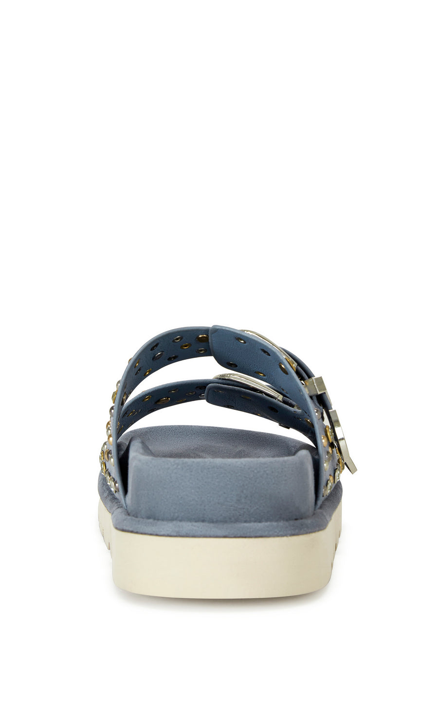 blue open toe flat sandal with buckled double straps, rhinestone embellishments, and a white sole