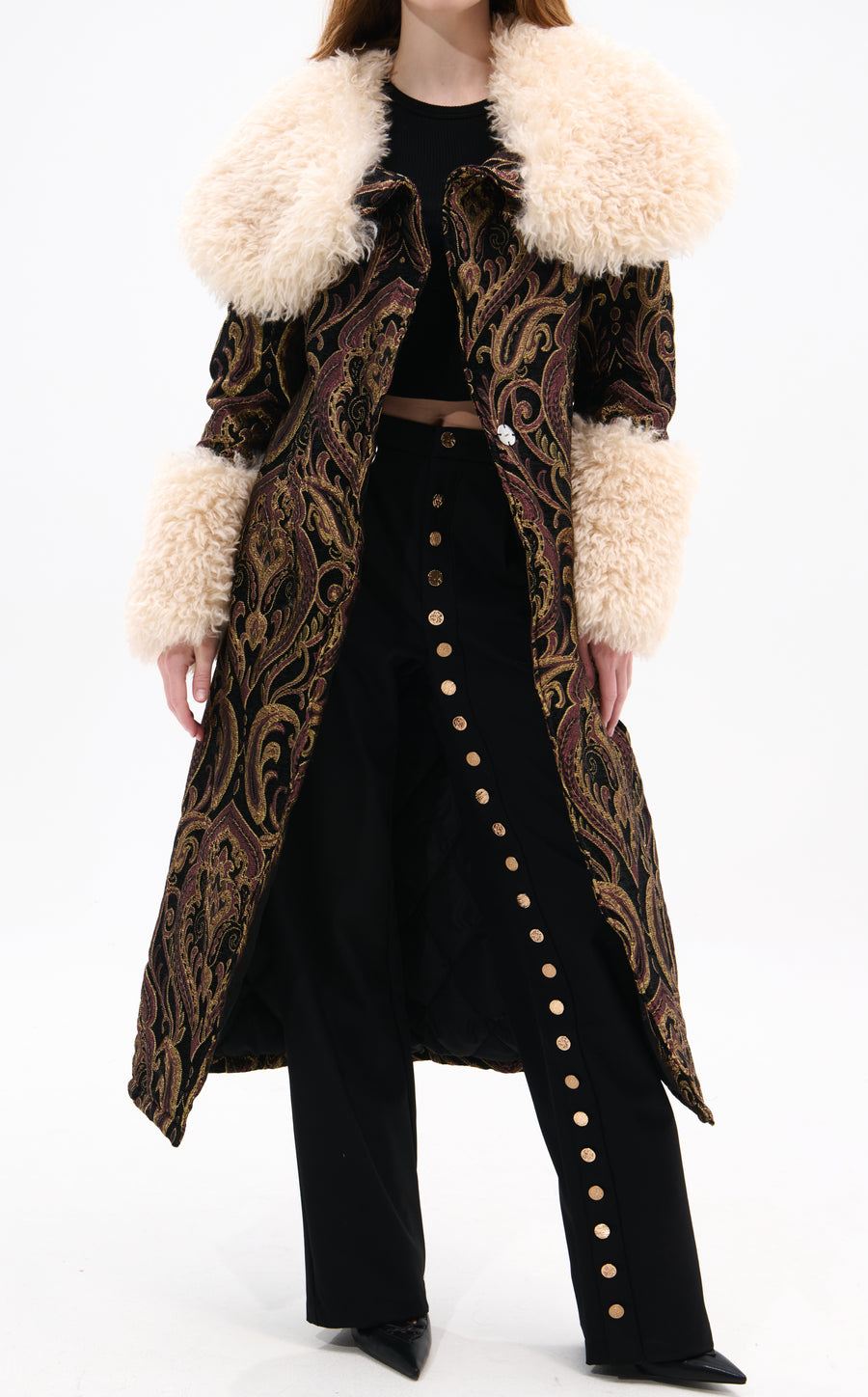 OTELIA-BLACKMULTI FAUX FUR JACQUARD COAT