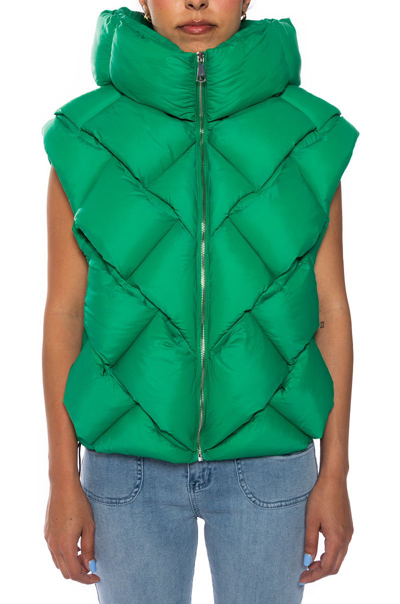 Kelly green knit-style puffer vest with a zip up and turtle neck collar