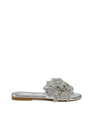 metallic silver flat slip on snadals white a floral crystal embellished foot strap