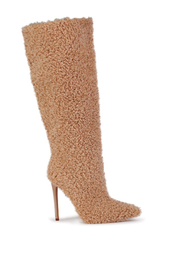 fuzzy brown faux sherpa pointed toe stiletto knee high boots