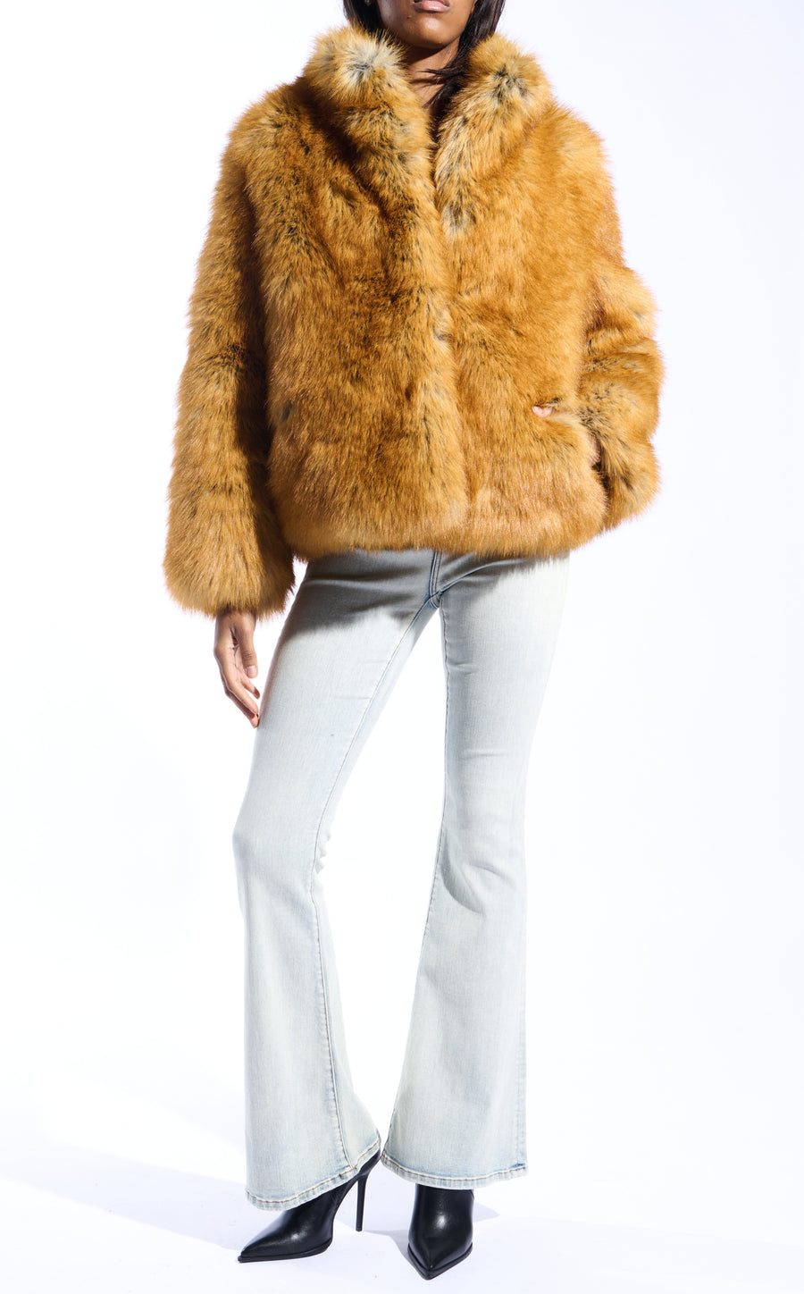 light brown faux fur statement coat with a mini collar