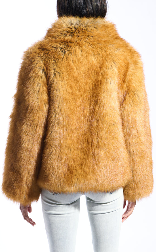 light brown faux fur statement coat with a mini collar