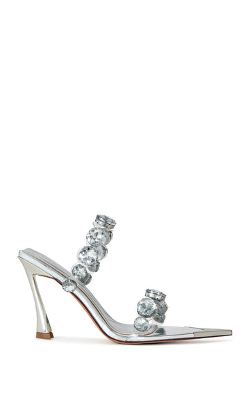 strappy stiletto open toe slip on heels with pvc foot straps embellished lined with oversized rhinestone accents