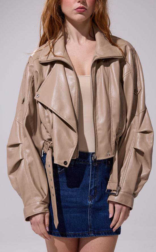 PAPOOSE-BEIGE BUTTER LEATHER MOTO JACKET